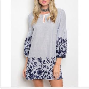 Navy and white embroidered dress. 100% cotton